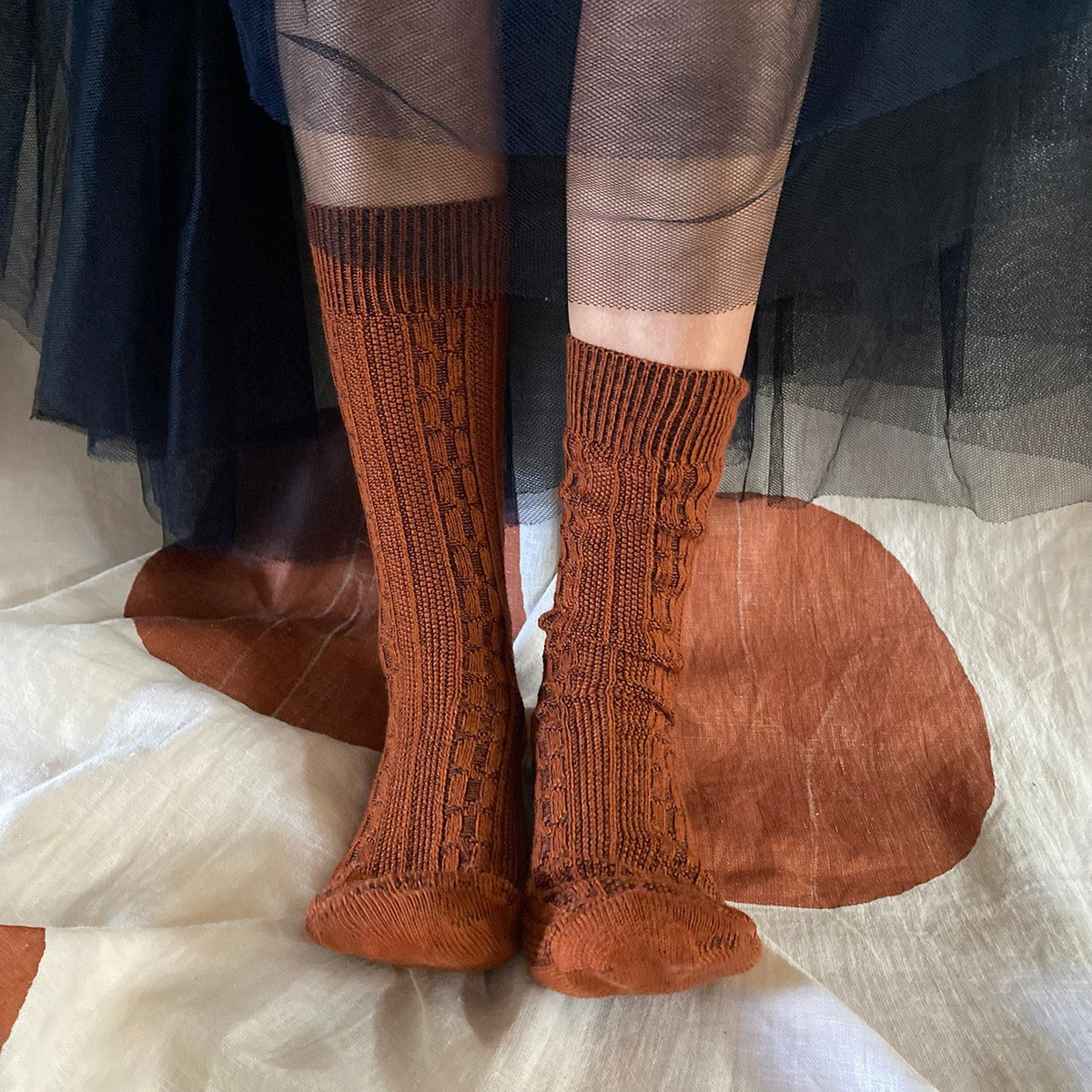 Cable Merino Wool Socks / Paprika