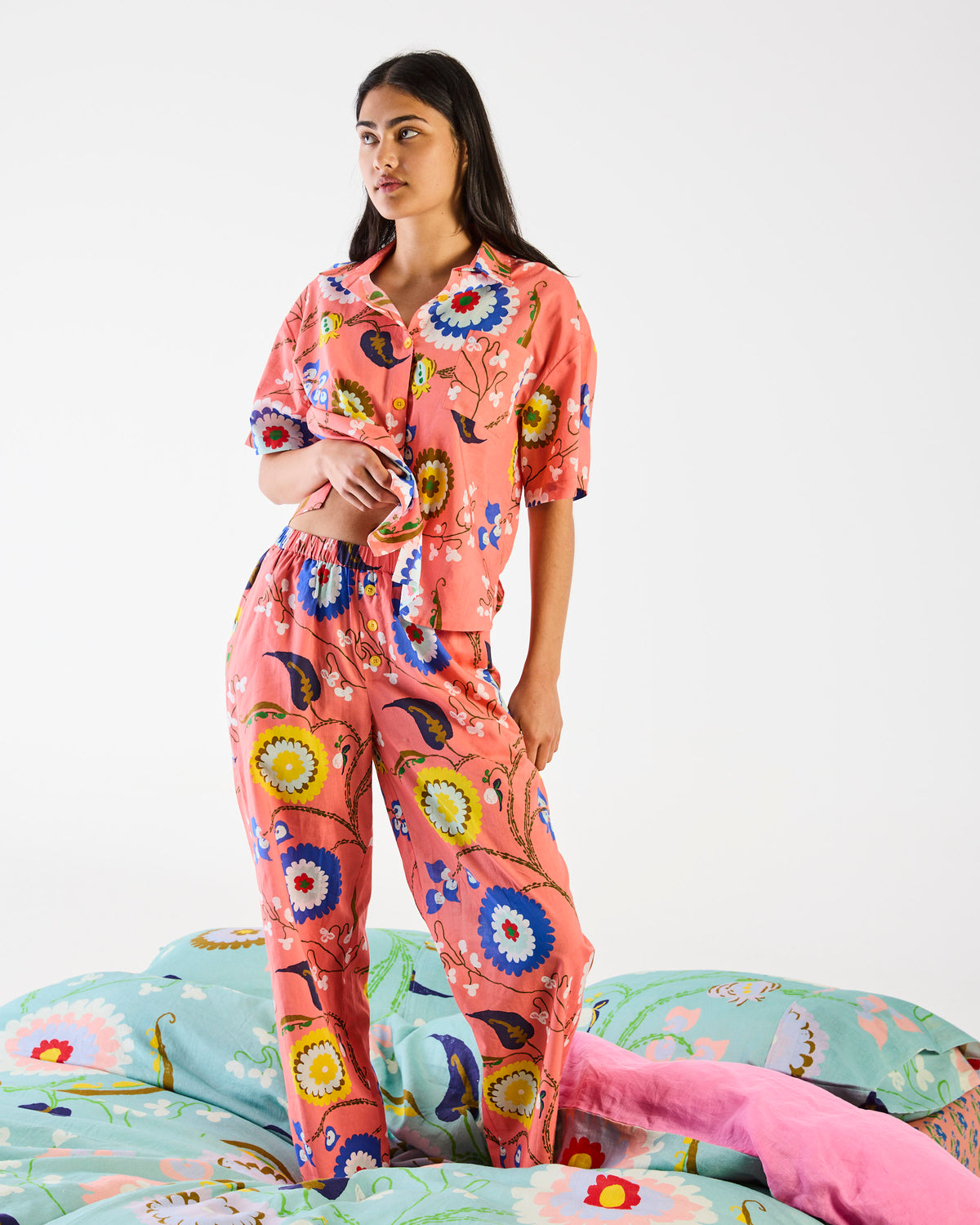 Anna Spiro Isabelle Sunset Cotton Short Sleeve Shirt & Pant PJ Set