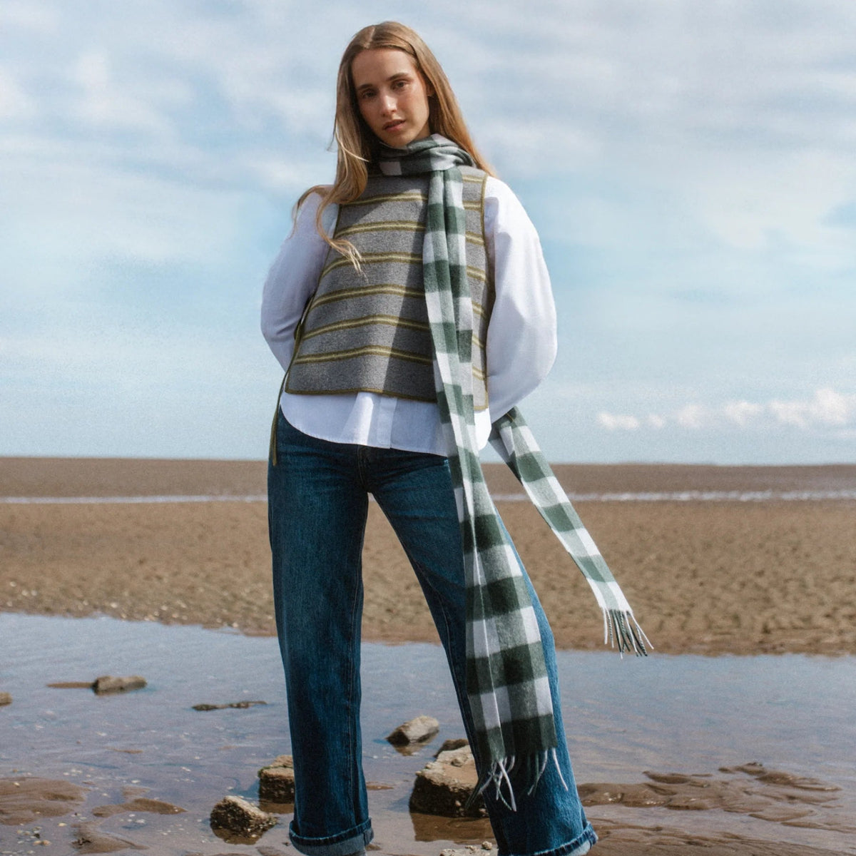Lambswool Skinny Scarf / Forest Gingham