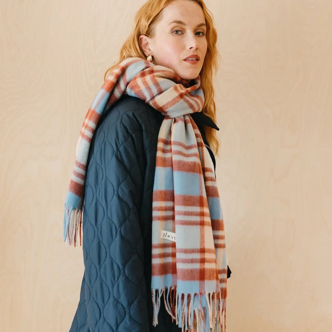 Lambswool Blanket Scarf / Blue Tartan Check