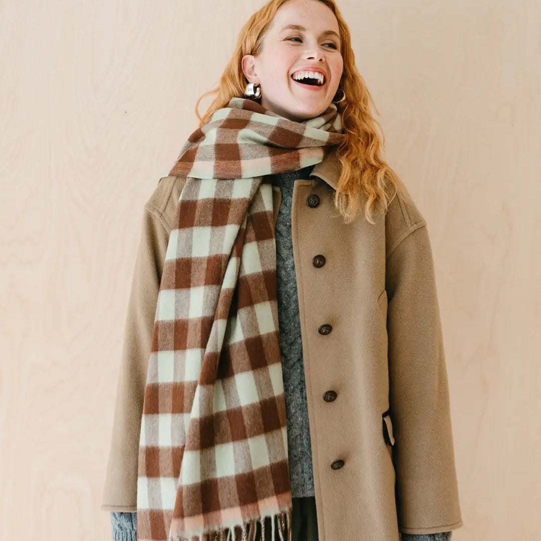Lambswool Blanket Scarf / Green Gingham