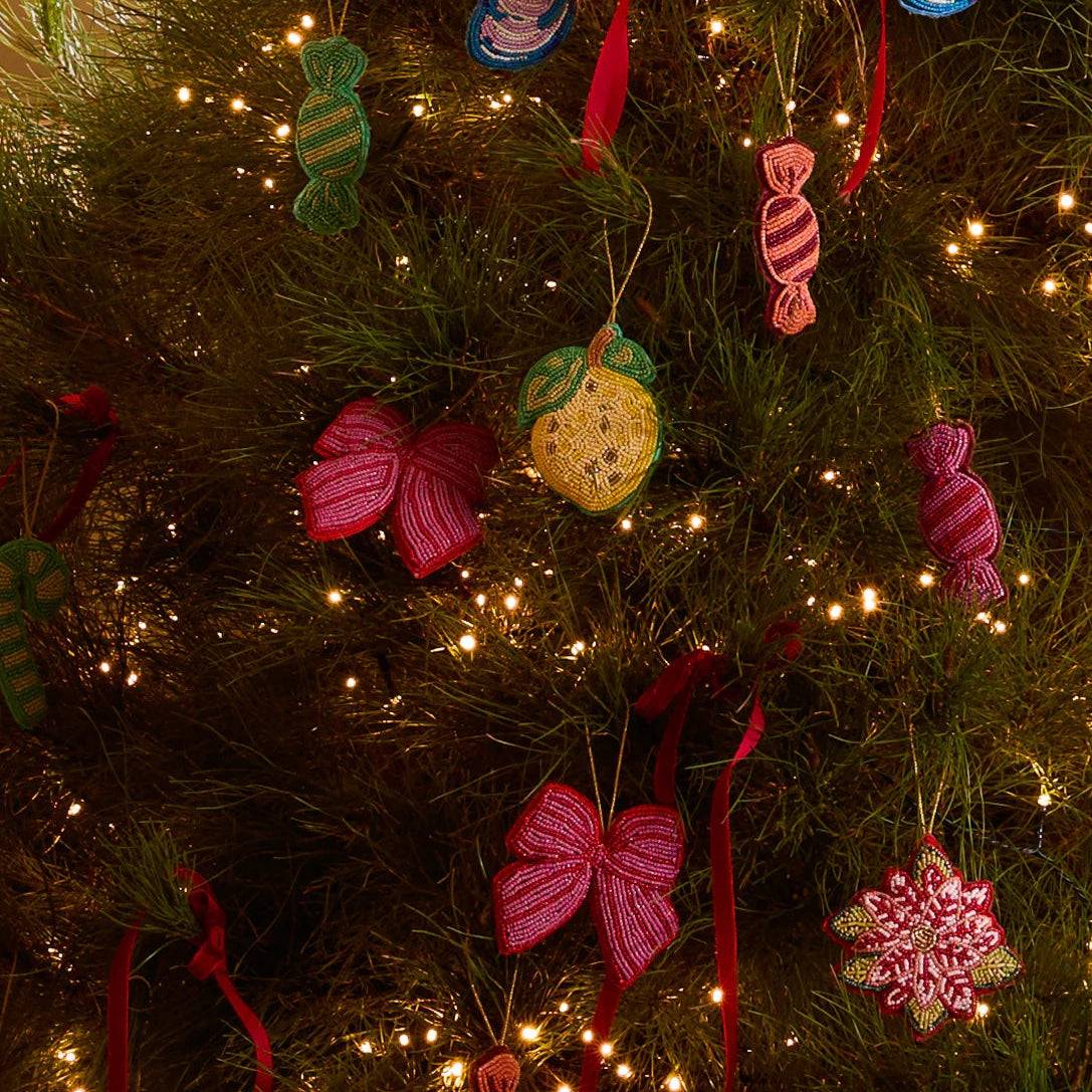 Beaded Bow Christmas Decoration / Pink