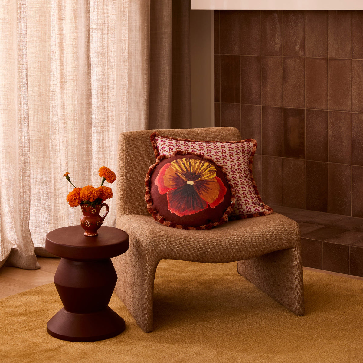 Wild Pansy Chocolate Round 45cm Cushion