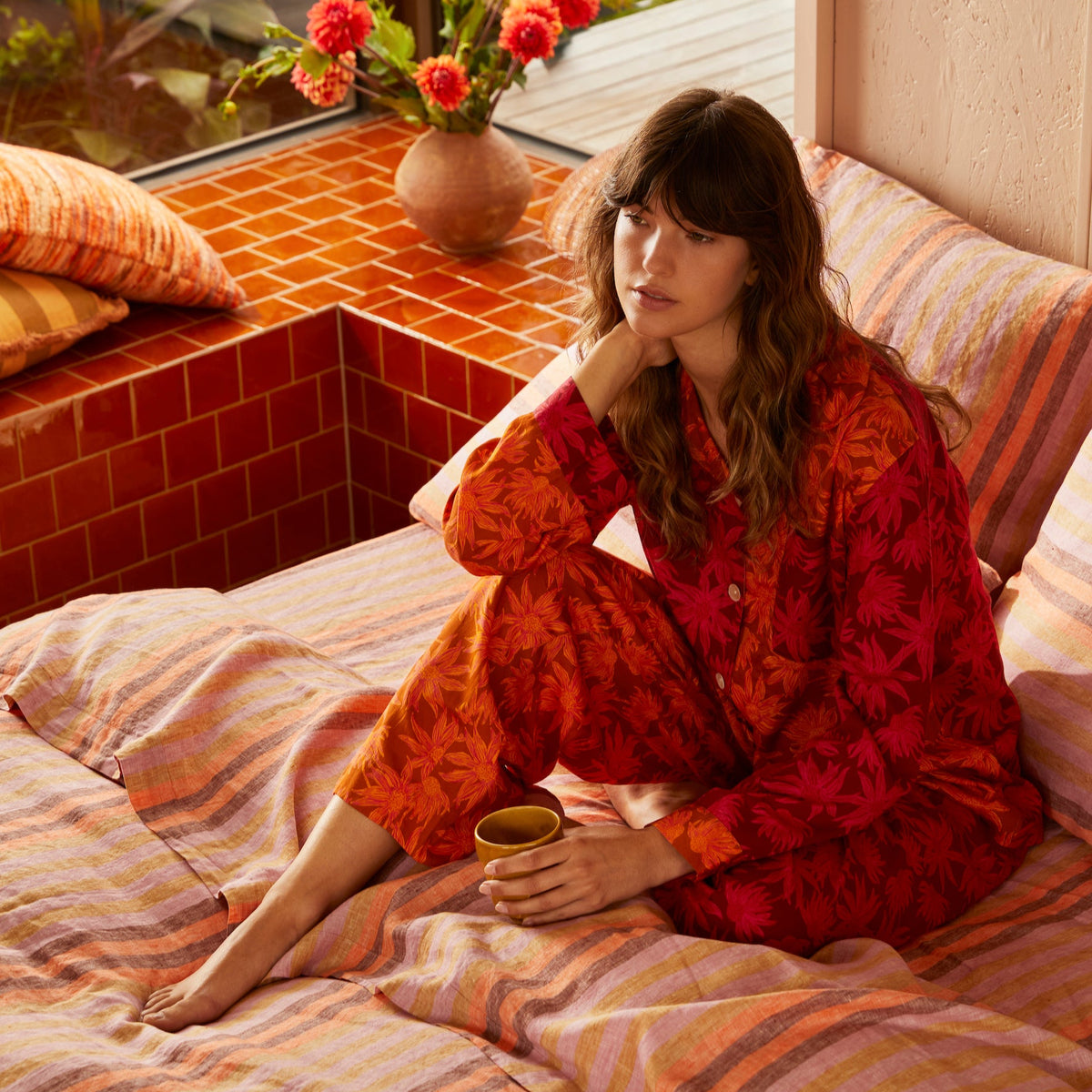 Flannel Flower Cerise Tan Pyjama Set