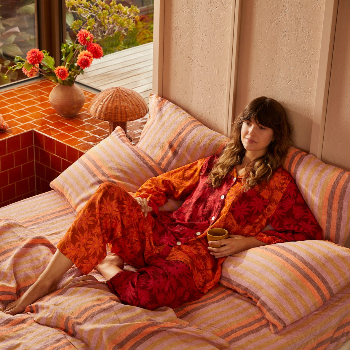 Flannel Flower Cerise Tan Pyjama Set