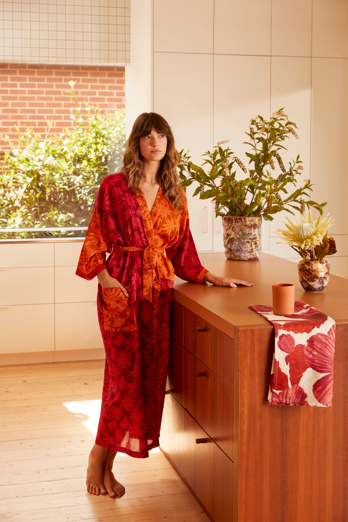 Flannel Flower Cerise Tan Robe