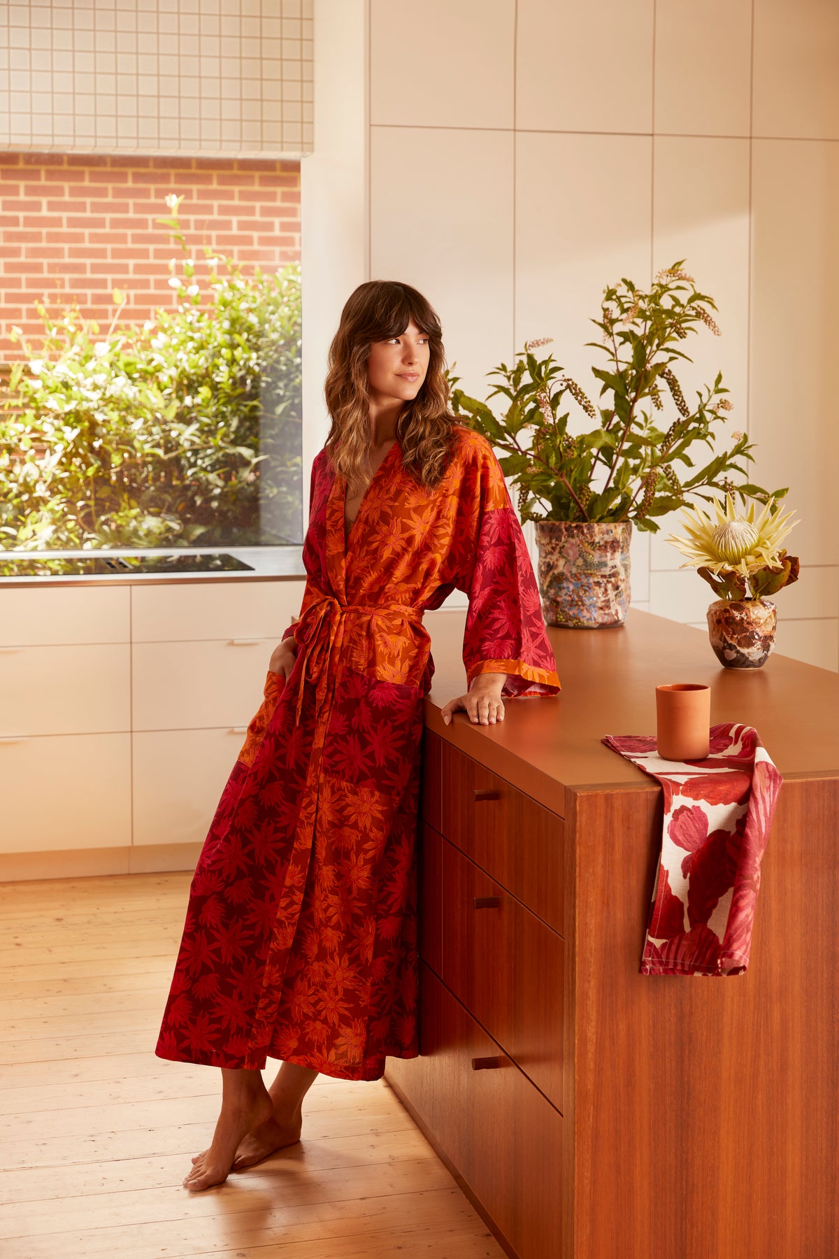 Flannel Flower Cerise Tan Robe