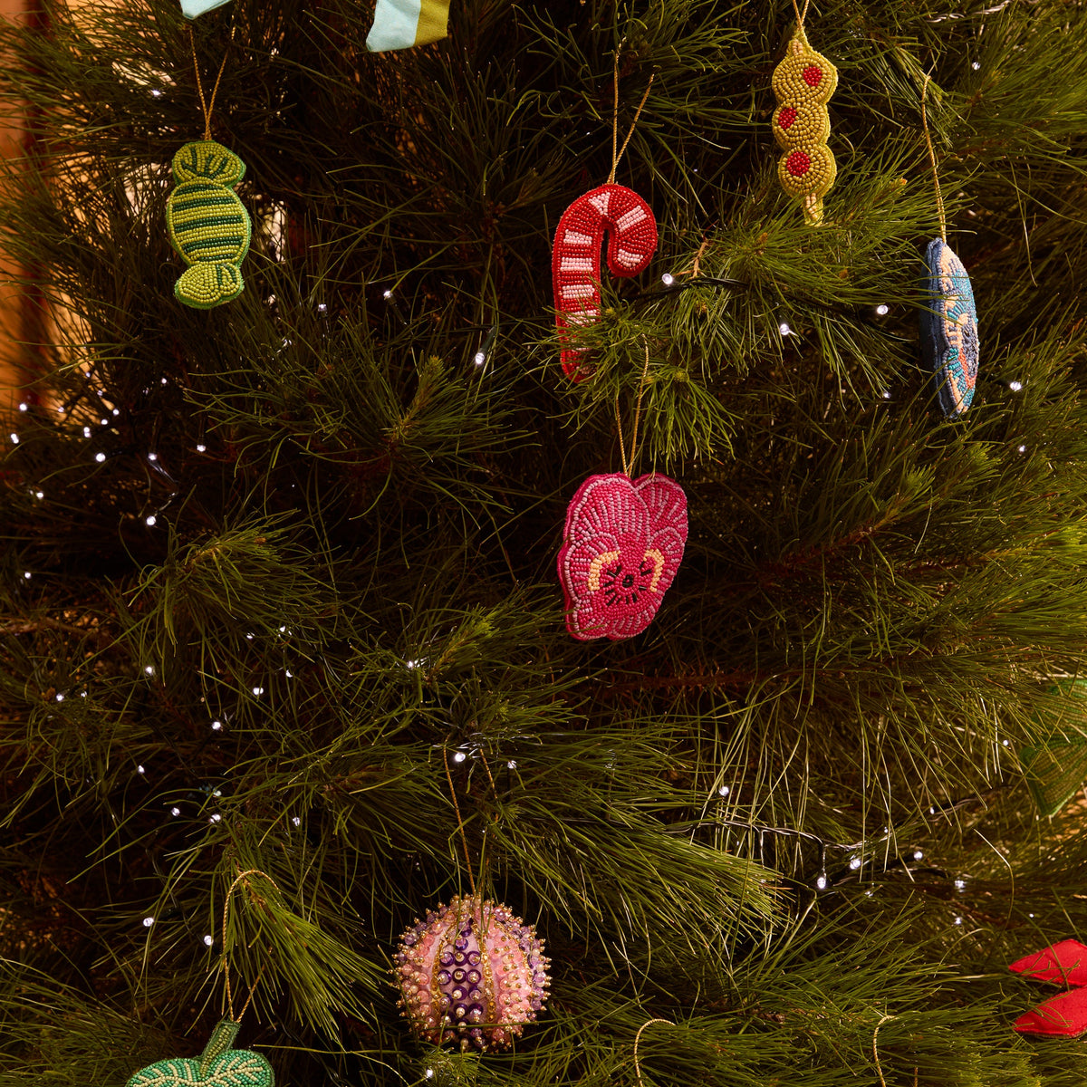 Beaded Candy Cane Christmas Decoration / Red