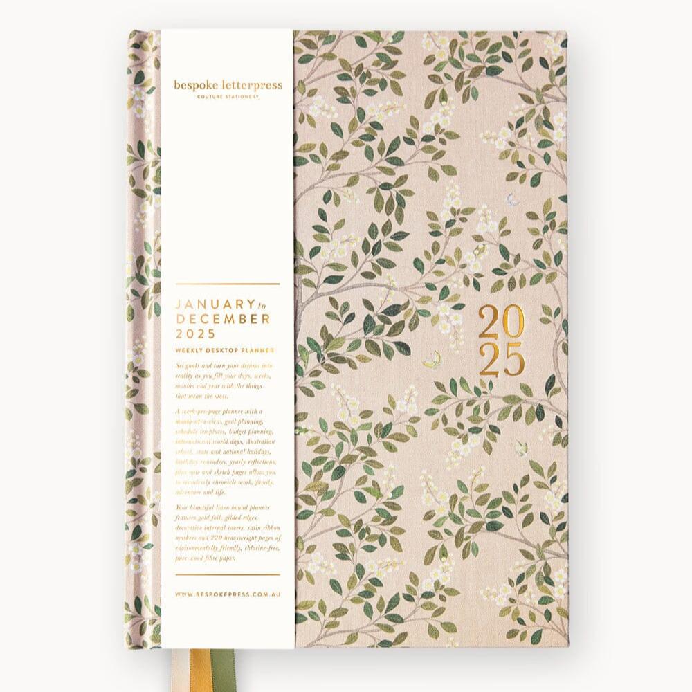 2025 Desktop Linen Bound Planner / White Blossoms