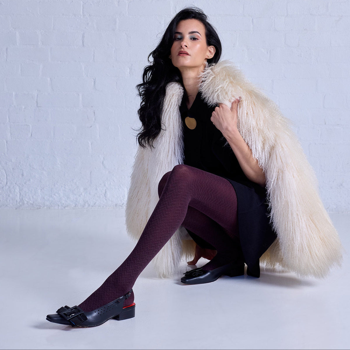 Herringbone Merino Wool Tights / Plum