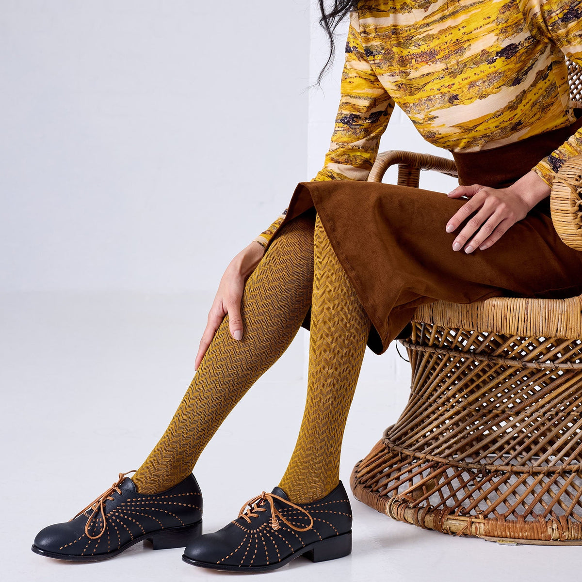 Herringbone Merino Wool Tights / Mustard