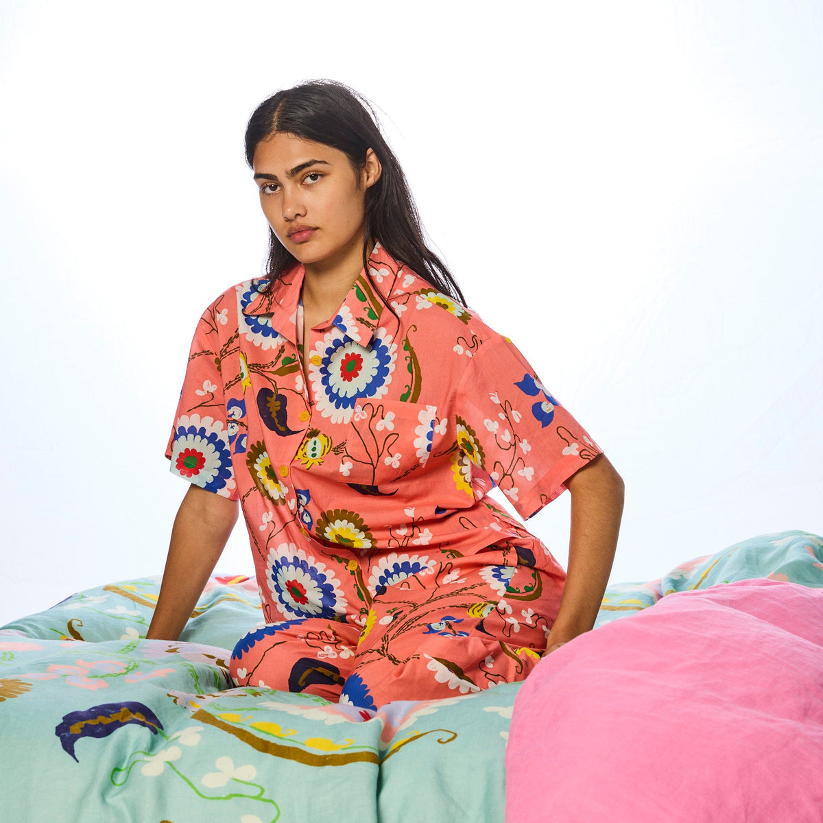 Anna Spiro Isabelle Sunset Cotton Short Sleeve Shirt & Pant PJ Set