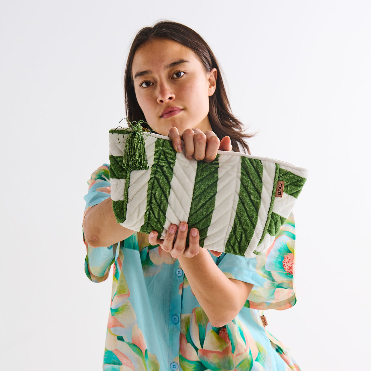 Moss Stripe Velvet Toiletry Bag