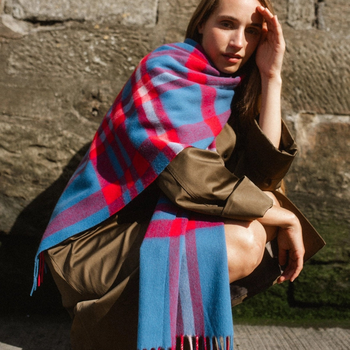 Lambswool Oversized Scarf / Blue Modern Tartan