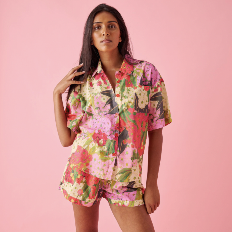 Australian Bush Blossom Cotton Shirt &amp; Shorts Pyjama Set