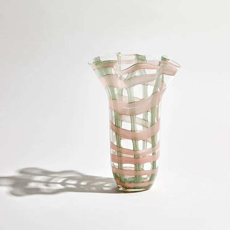 Vivid Check Clear Tall Glass Vase / Emerald Pink