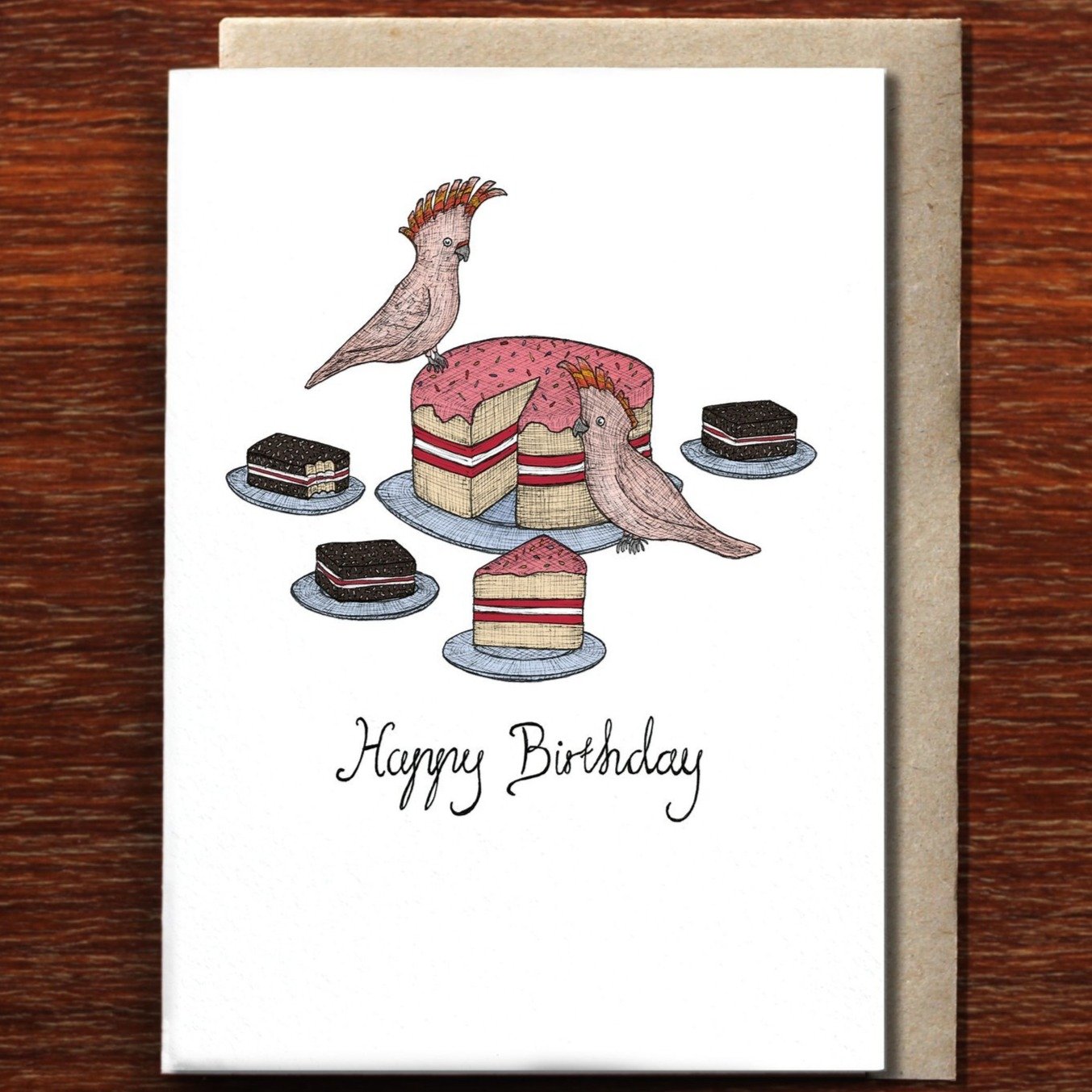 Greeting Card / Cockatoos & Cake
